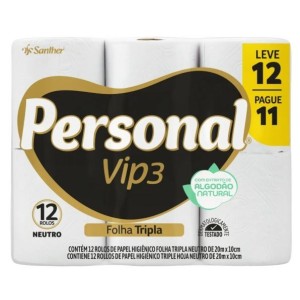 PAPEL HIGIÊNICO 20M FOLHA TRIPLA 12 ROLOS PERSONAL VIP